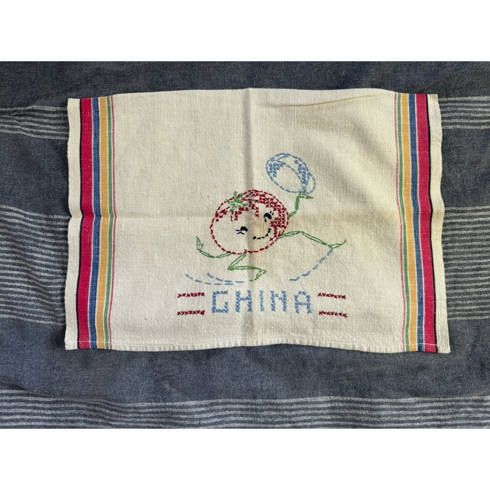 Vintage Hand Stitched Embroidered Hand Towel Striped Needle point‎